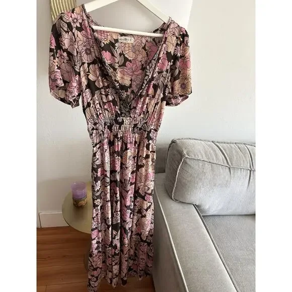 Natural Life Bella Floral Maxi Dress Tiered Pink Floral Prairie Boho Cottage S - Picture 8 of 12